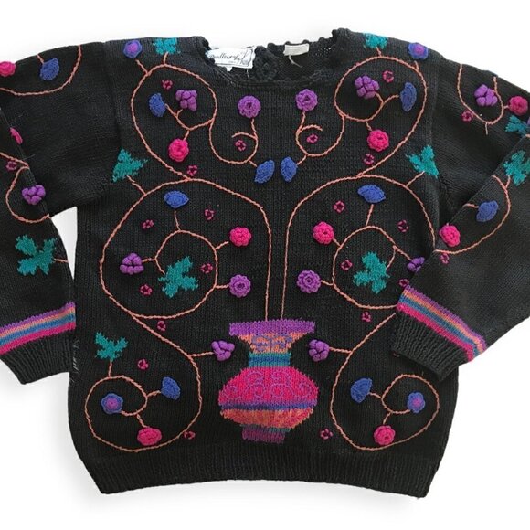 Vintage Needleworks hand knitted chunky cotton sweater, Flower Embroideries,  si - Picture 3 of 15